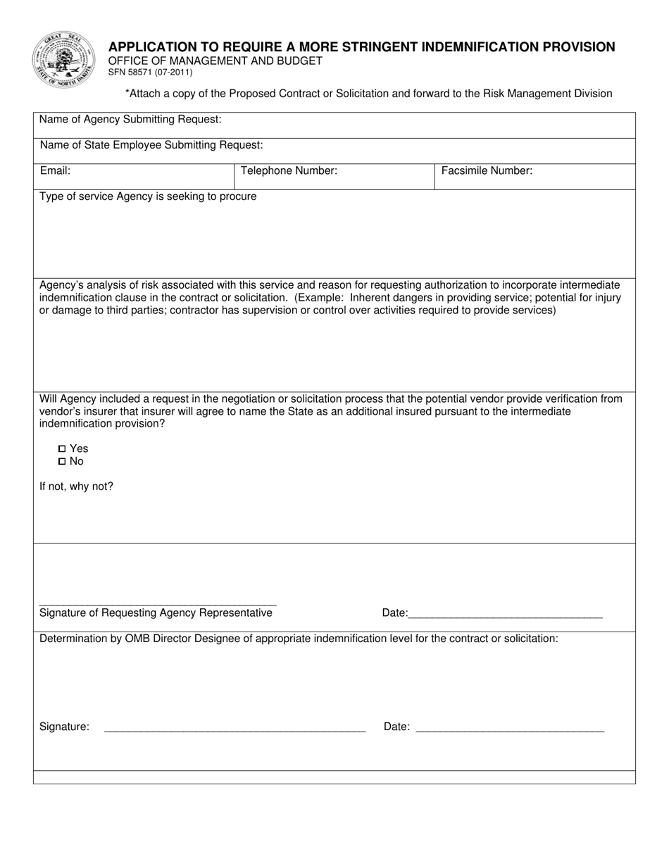 Form SFN58571 Application to Require a More Stringent Indemnification Provision - North Dakota, Page 1