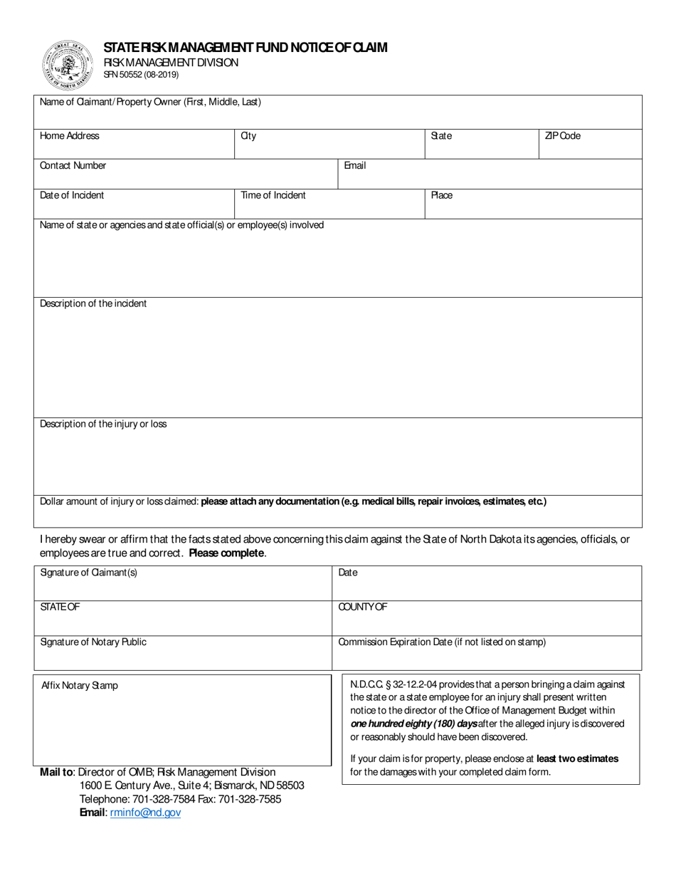 Form SFN50552 State Risk Management Fund Notice of Claim - North Dakota, Page 1