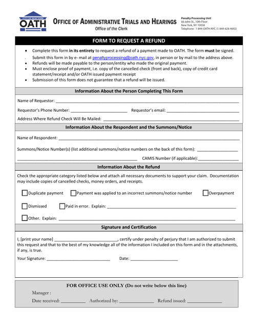 Document preview: Form to Request a Refund - New York City