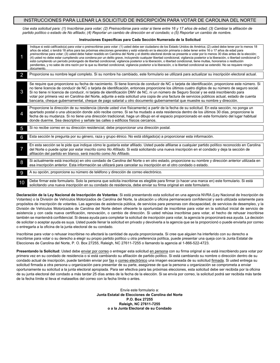 Formulario 09W Solicitud De Inscripcion Para Votar En Carolina Del Norte - North Carolina (Spanish), Page 2
