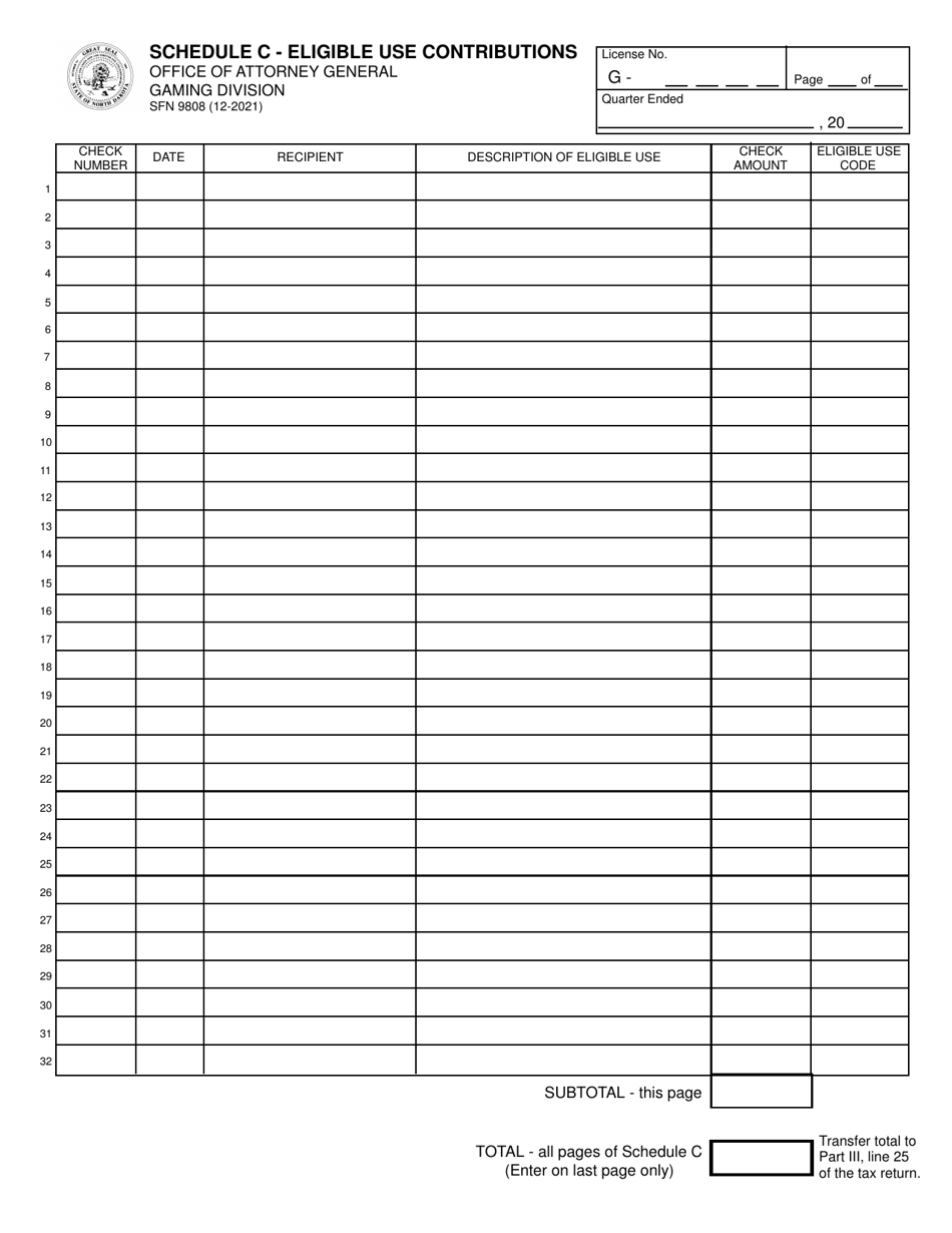Form SFN9808 Schedule C Eligible Use Contributions - North Dakota, Page 1