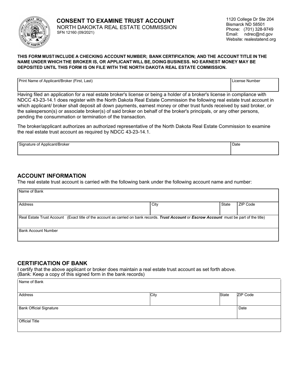 Form SFN12160 Consent to Examine Trust Account - North Dakota, Page 1