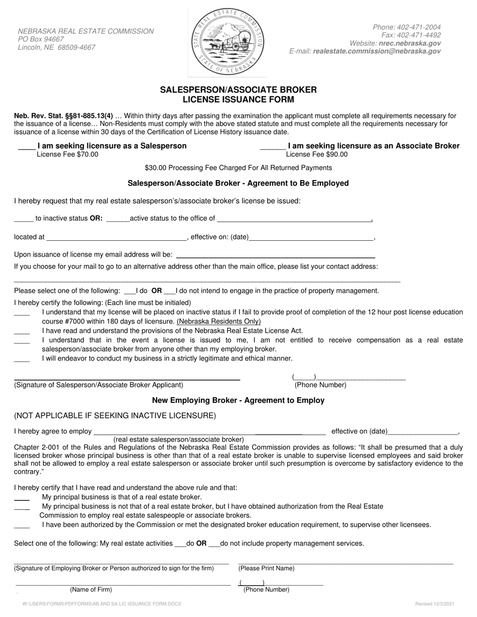 Nebraska Salesperson/Associate Broker License Issuance Form Download