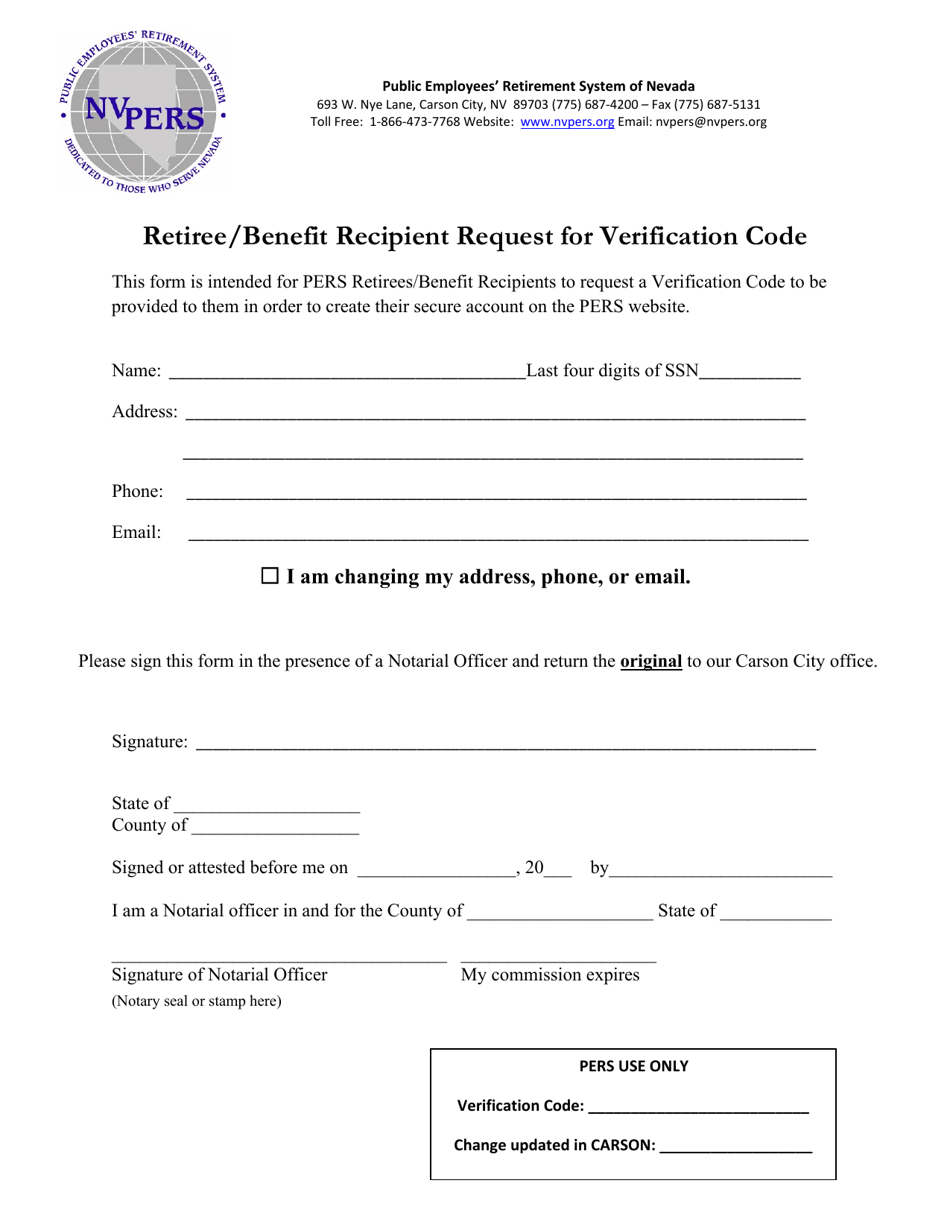 Retiree / Benefit Recipient Request for Verification Code - Nevada, Page 1