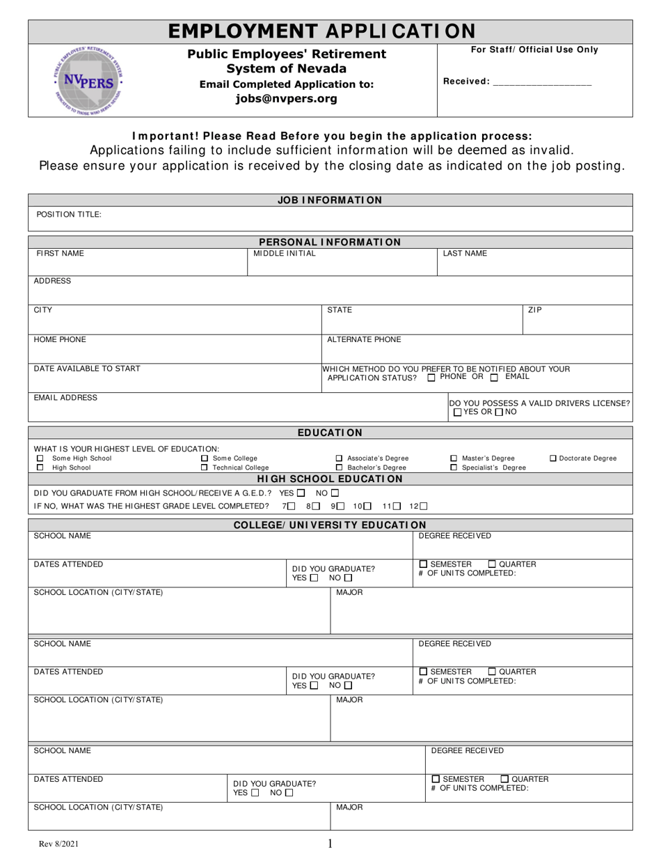 Employment Application - Nevada, Page 1