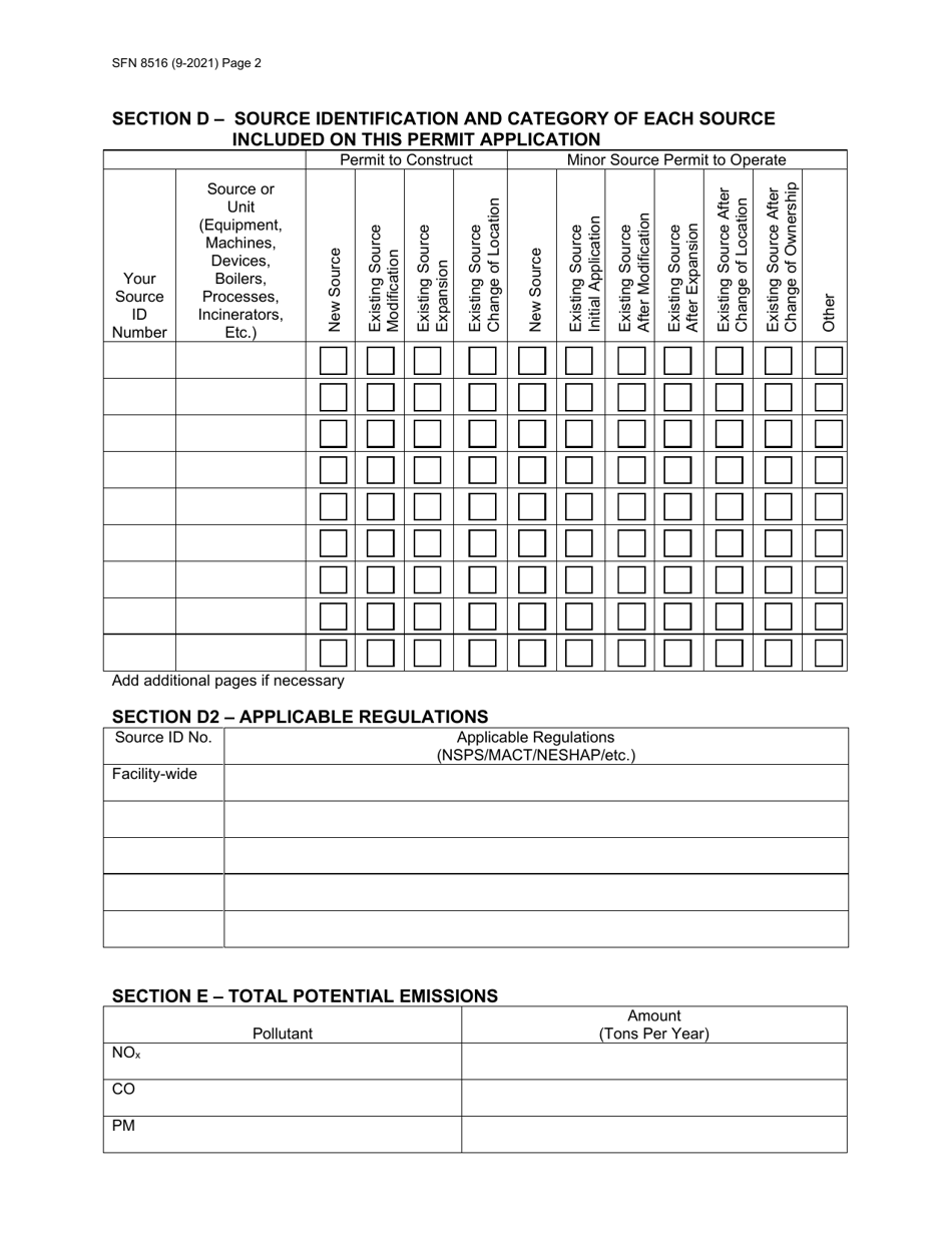 Form SFN8516 Permit Application for Air Contaminant Sources - North Dakota, Page 2
