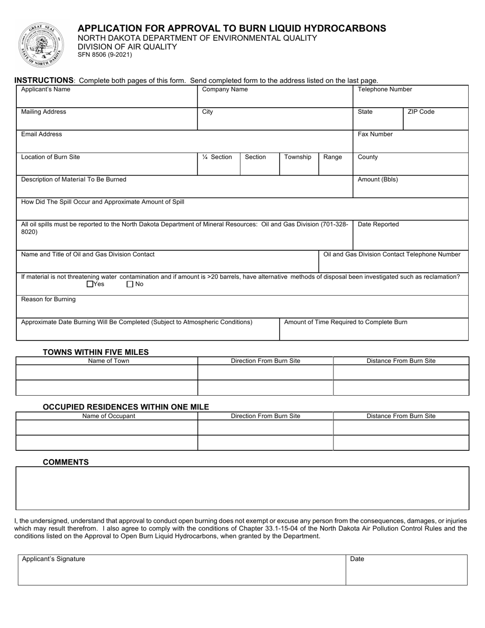 Form SFN8506 Application for Approval to Burn Liquid Hydrocarbons - North Dakota, Page 1