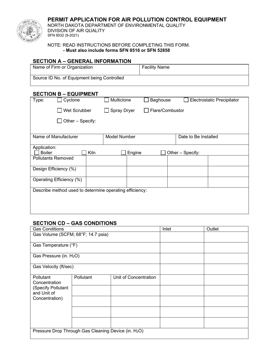 Form SFN8532 Permit Application for Air Pollution Control Equipment - North Dakota, Page 1