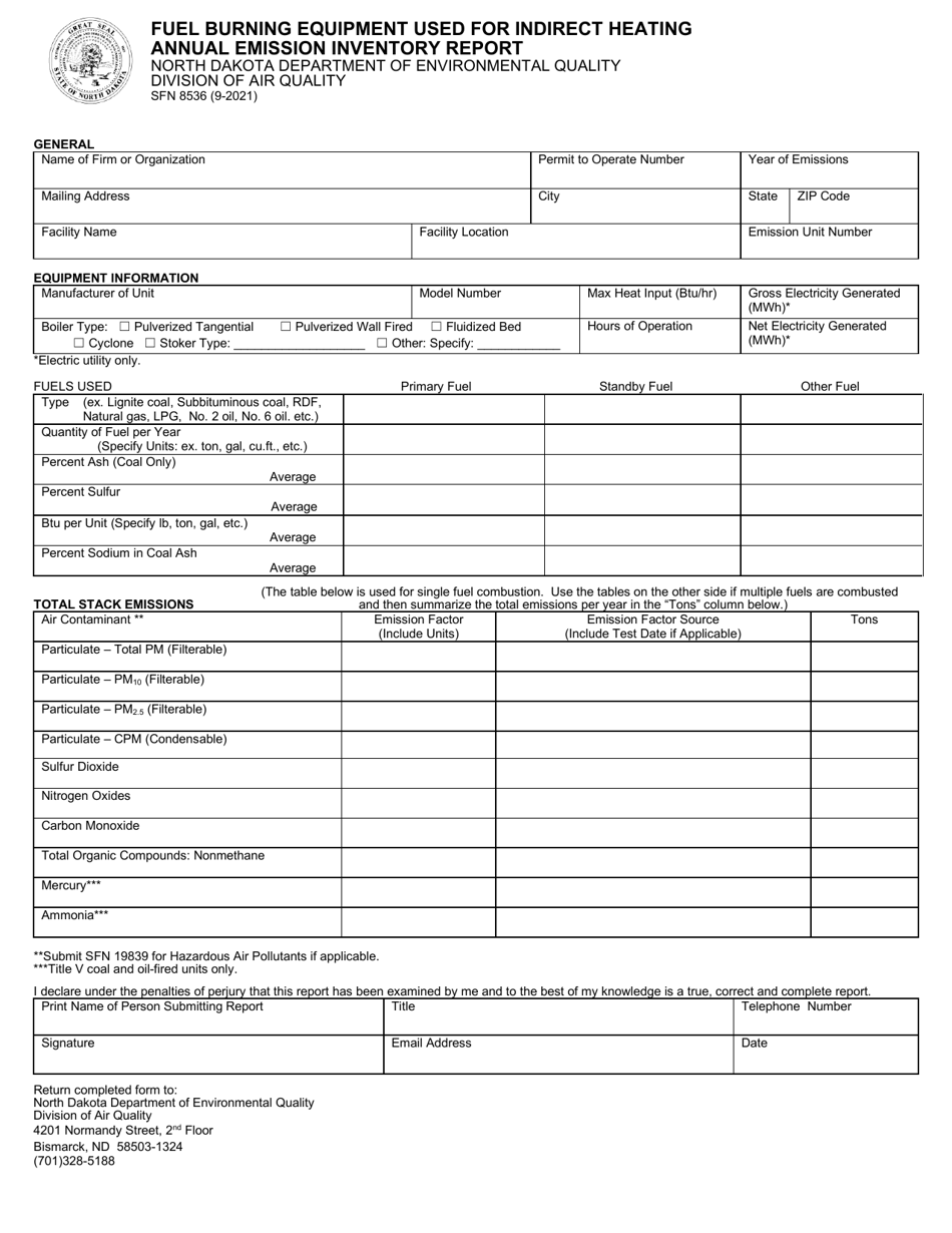 Form SFN8536 Fuel Burning Equipment Used for Indirect Heating Annual Emission Inventory Report - North Dakota, Page 1