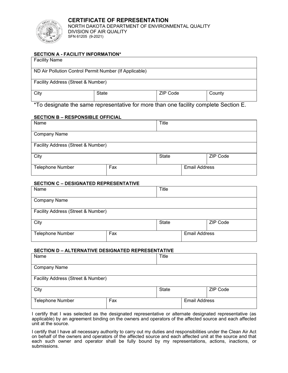 Form SFN61205 Certificate of Representation - North Dakota, Page 1