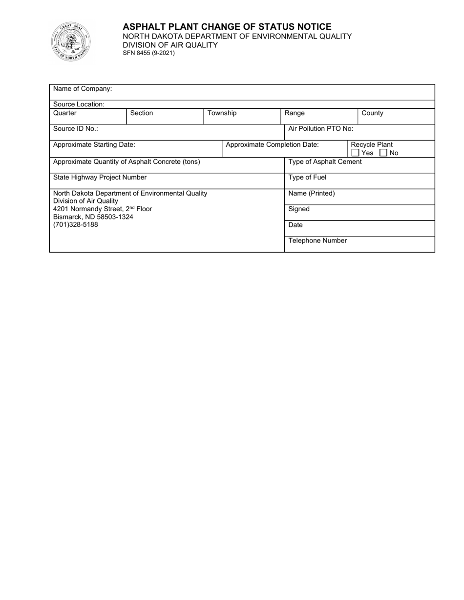 Form SFN8455 Asphalt Plant Change of Status Notice - North Dakota, Page 1
