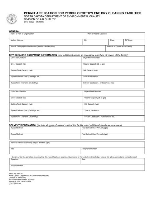 Form SFN60923 Permit Application for Perchloroethylene Dry Cleaning Facilities - North Dakota