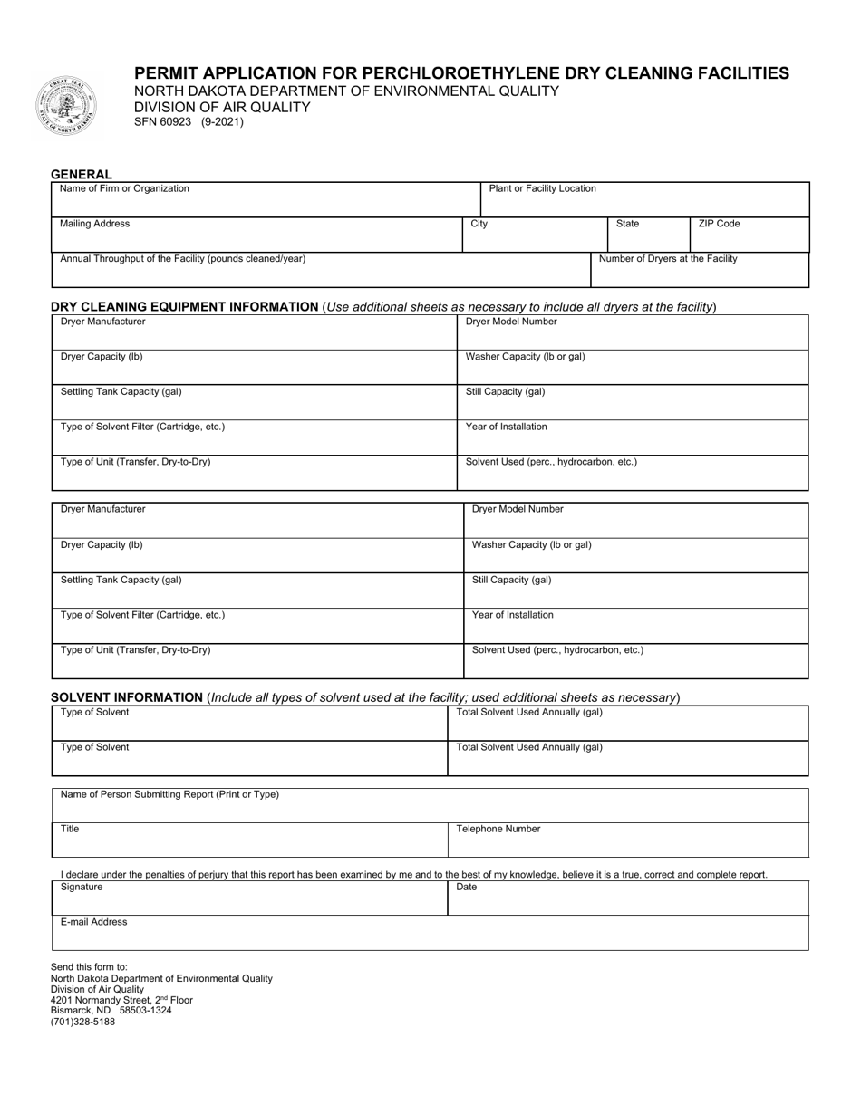 Form SFN60923 Permit Application for Perchloroethylene Dry Cleaning Facilities - North Dakota, Page 1