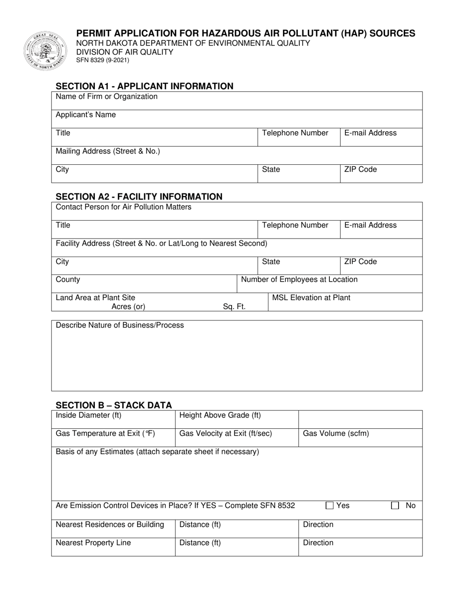 Form SFN8329 Permit Application for Hazardous Air Pollutant (Hap) Sources - North Dakota, Page 1