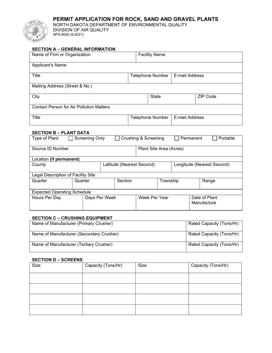 Form SFN8530 Permit Application for Rock, Sand and Gravel Plants - North Dakota, Page 1