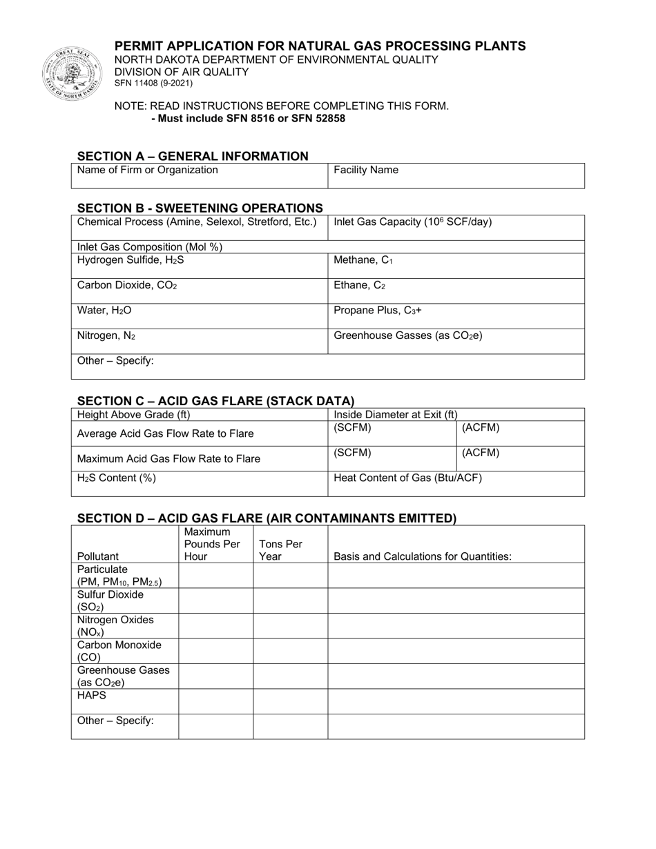 Form SFN11408 Permit Application for Natural Gas Processing Plants - North Dakota, Page 1