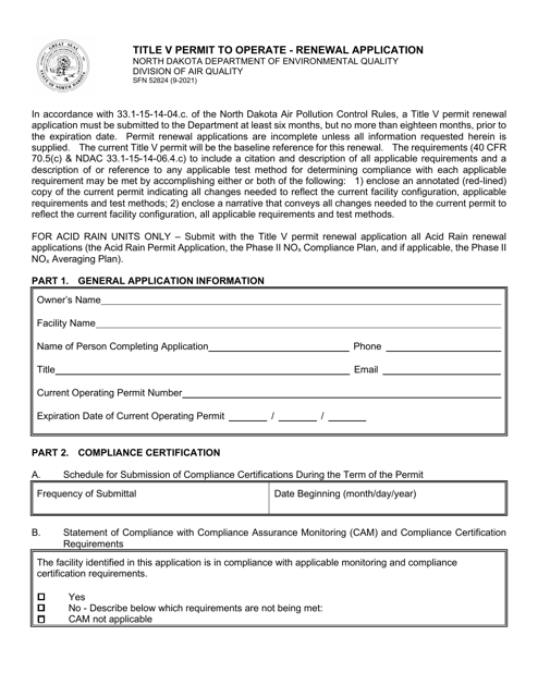 Form SFN52824 Title V Permit to Operate - Renewal Application - North Dakota