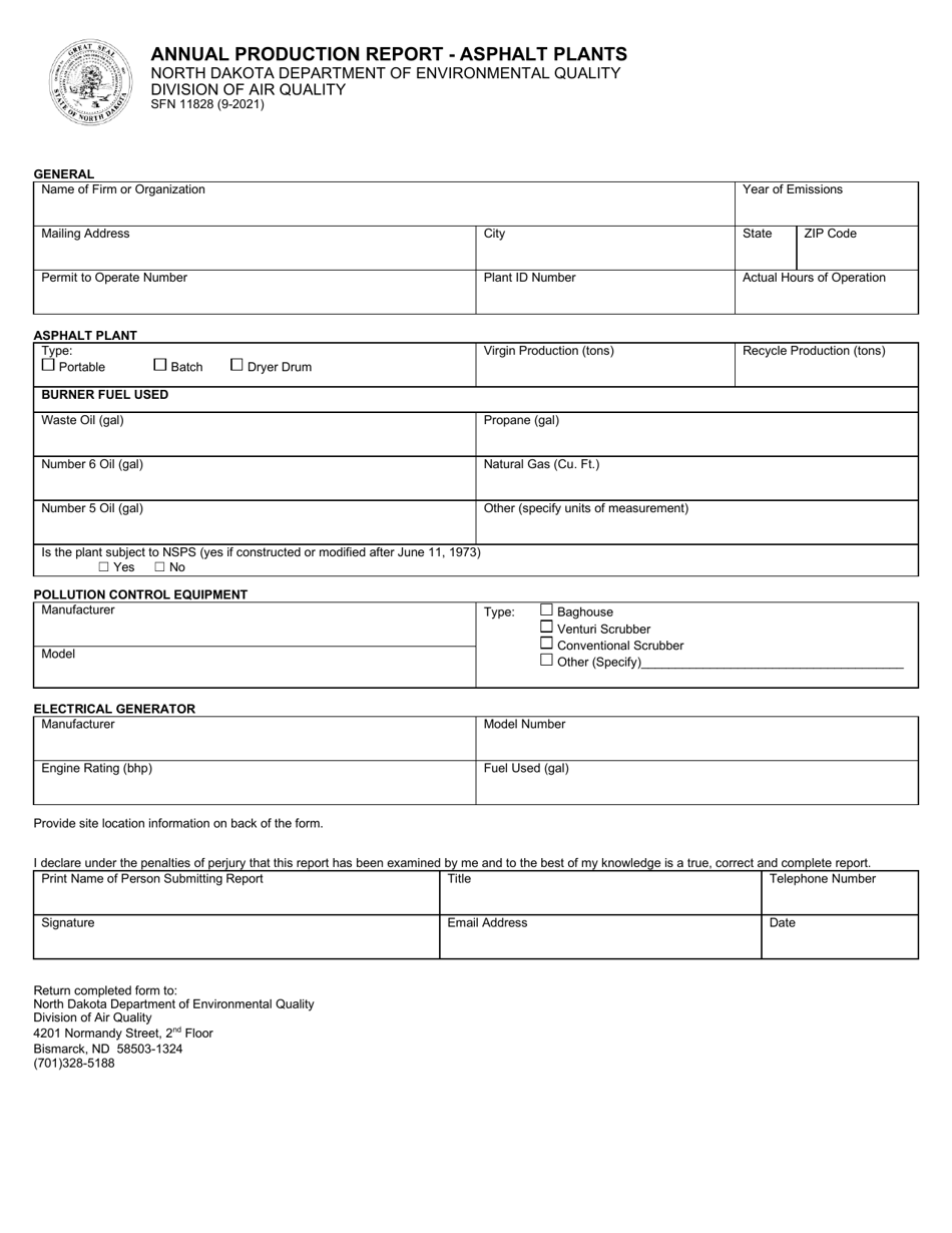 Form SFN11828 Annual Production Report - Asphalt Plants - North Dakota, Page 1