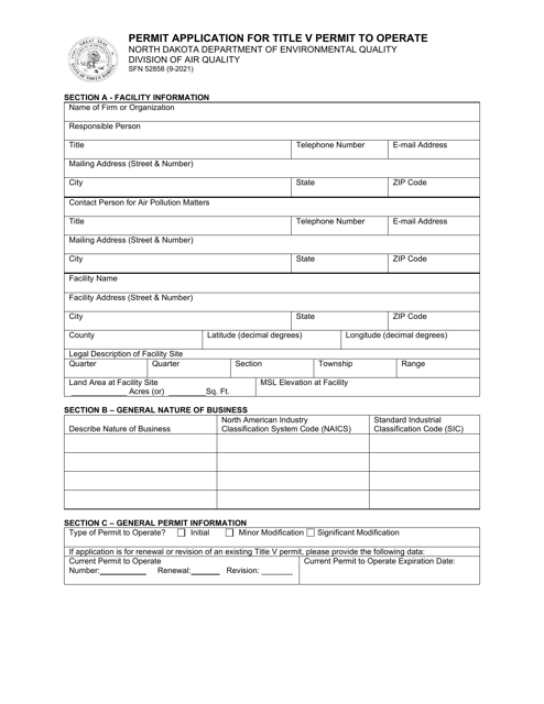 Form SFN52828 Permit Application for Title V Permit to Operate - North Dakota