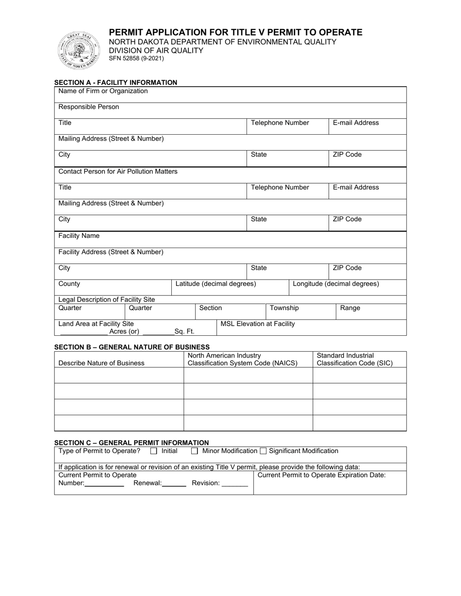 Form SFN52828 Permit Application for Title V Permit to Operate - North Dakota, Page 1