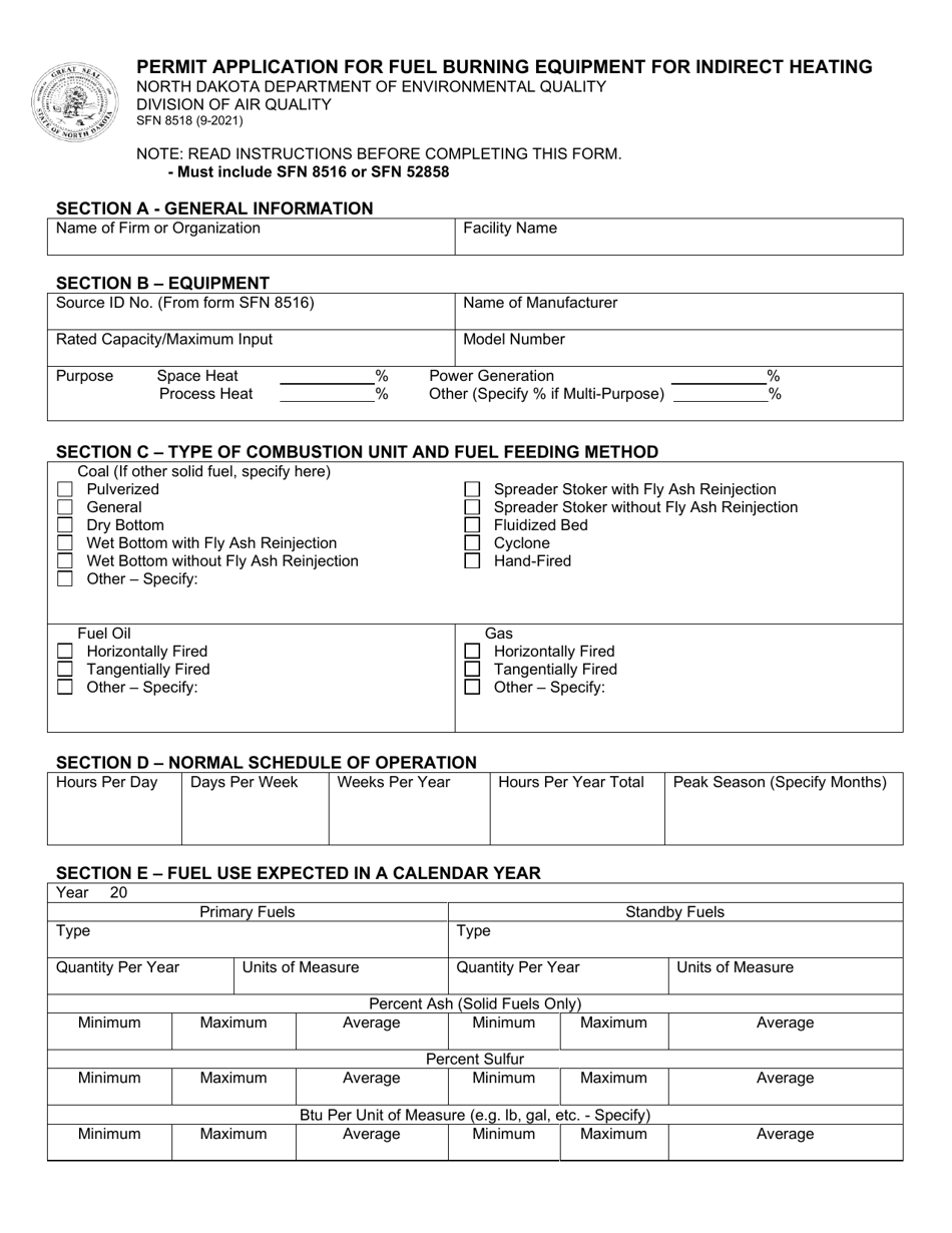 Form SFN8518 Permit Application for Fuel Burning Equipment for Indirect Heating - North Dakota, Page 1