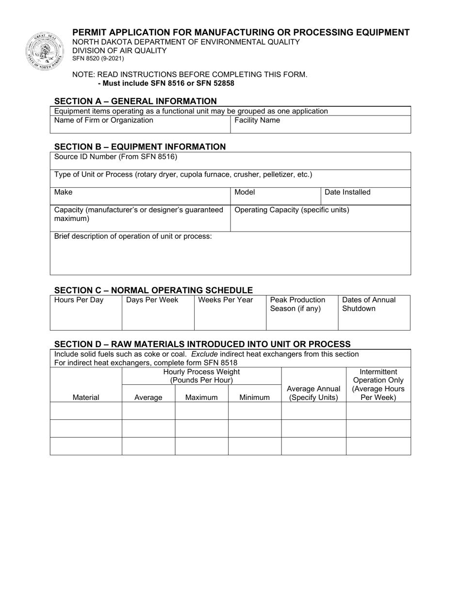 Form SFN8520 Permit Application for Manufacturing or Processing Equipment - North Dakota, Page 1