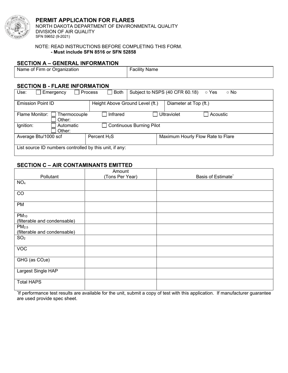 Form SFN59652 Permit Application for Flares - North Dakota, Page 1