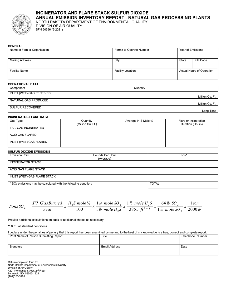 Form SFN50596 Incinerator and Flare Stack Sulfur Dioxide Annual Emission Inventory Report - Natural Gas Processing Plants - North Dakota, Page 1