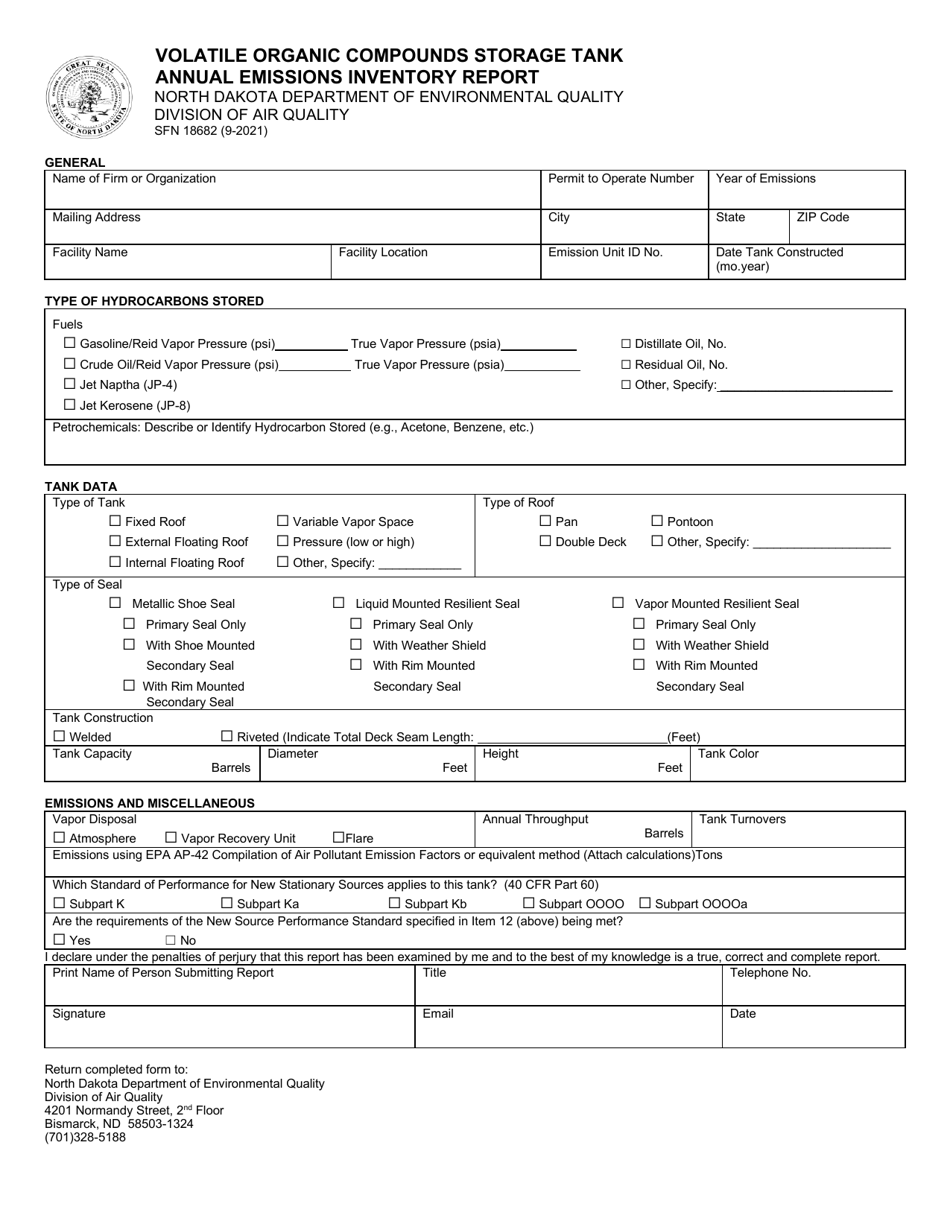 Form SFN18682 Volatile Organic Compounds Storage Tank Annual Emissions Inventory Report - North Dakota, Page 1