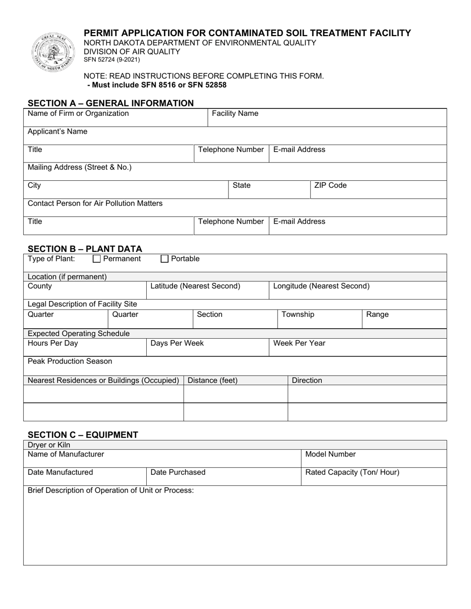 Form SFN52724 Permit Application for Contaminated Soil Treatment Facility - North Dakota, Page 1