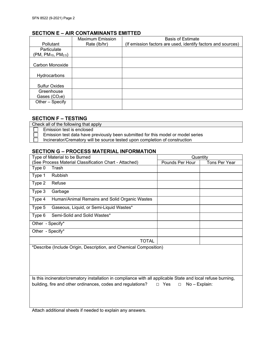 Form SFN8522 Permit Application for Incinerators / Crematories - North Dakota, Page 2