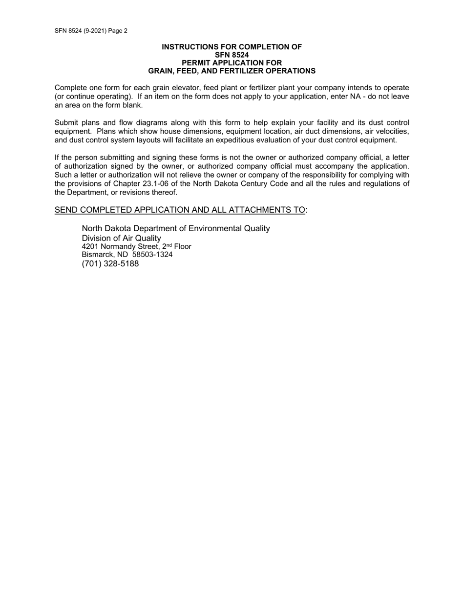 Form SFN8524 Permit Application for Grain, Feed, Milling and Fertilizer Operations - North Dakota, Page 2