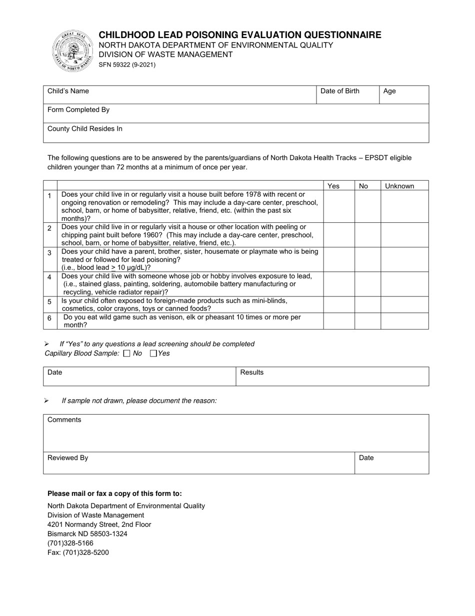 Form SFN59322 Childhood Lead Poisoning Evaluation Questionnaire - North Dakota, Page 1