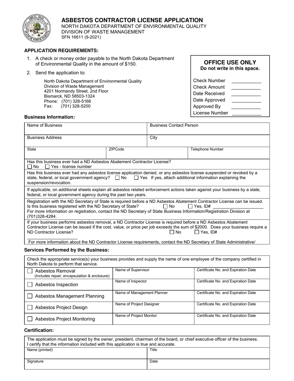 Form SFN16611 Asbestos Contractor License Application - North Dakota, Page 1