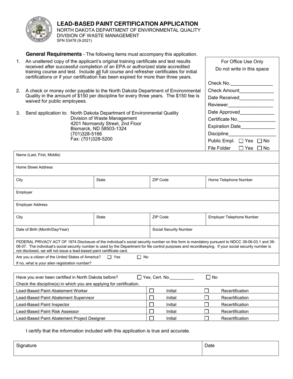 Form SFN53478 Download Printable PDF or Fill Online LeadBased Paint