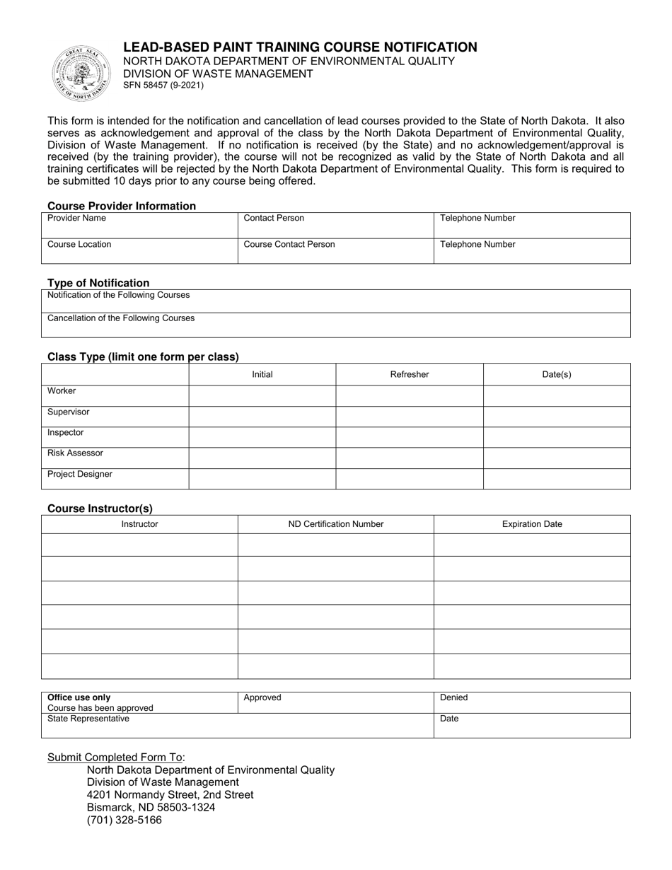 Form SFN58457 Lead-Based Paint Training Course Notification - North Dakota, Page 1