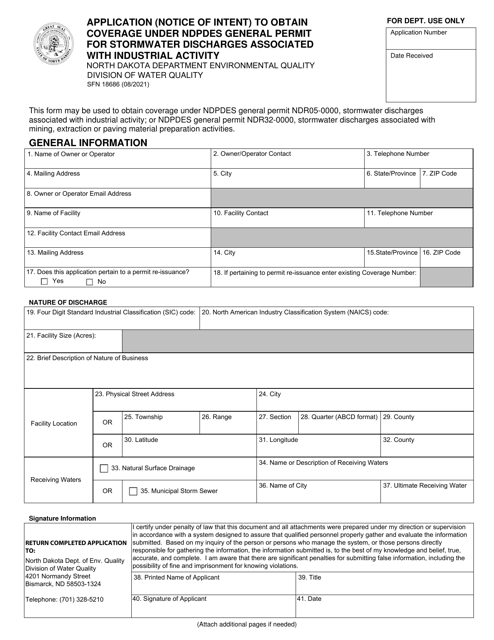 Form SFN18686 Application (Notice of Intent) to Obtain Coverage Under Ndpdes General Permit for Stormwater Discharges Associated With Industrial Activity - North Dakota