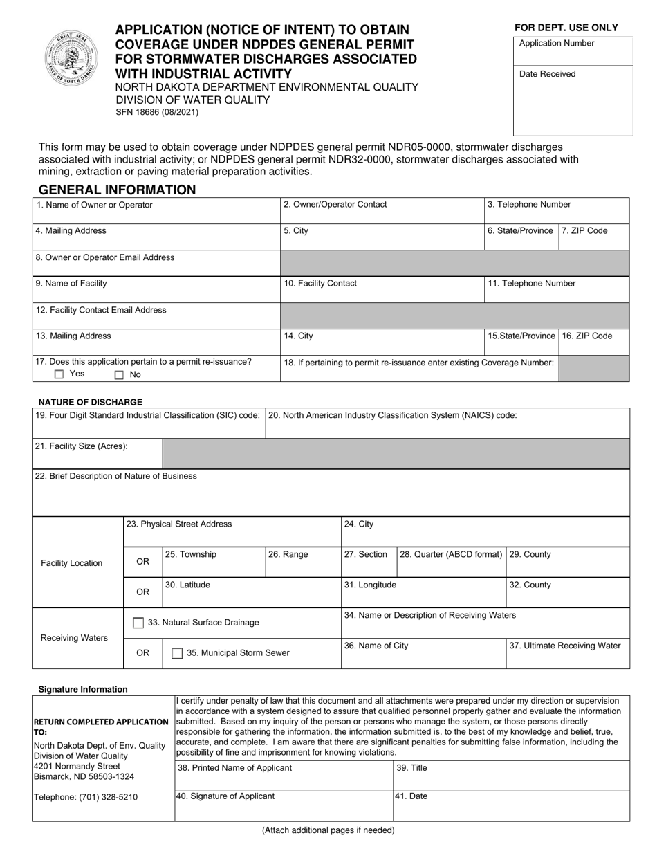 Form SFN18686 Application (Notice of Intent) to Obtain Coverage Under Ndpdes General Permit for Stormwater Discharges Associated With Industrial Activity - North Dakota, Page 1