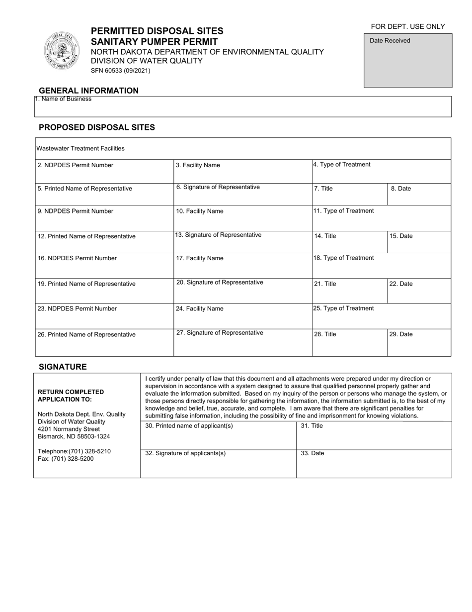 Form SFN60533 Permitted Disposal Sites Sanitary Pumper Permit - North Dakota, Page 1
