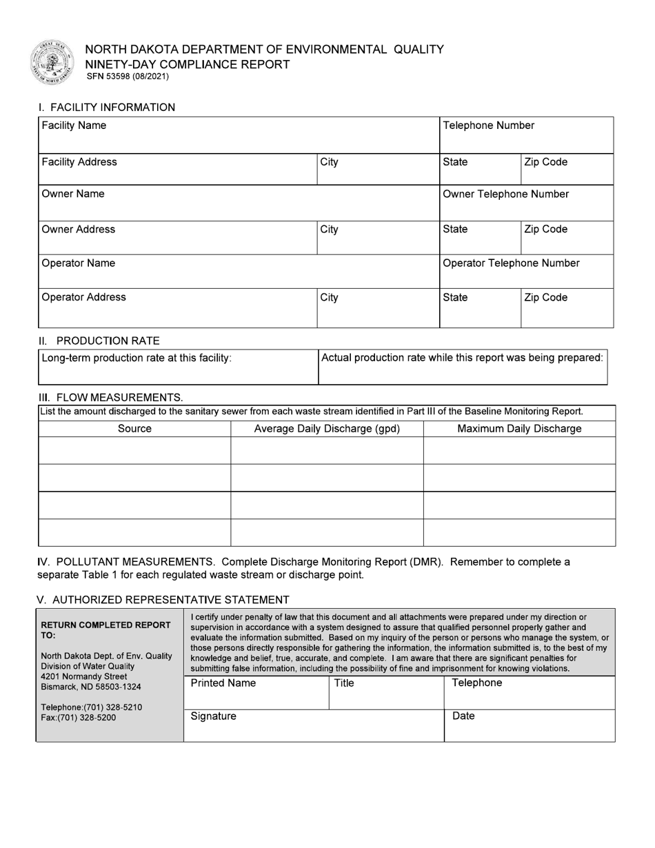 Form SFN53598 Ninety-Day Compliance Report - North Dakota, Page 1
