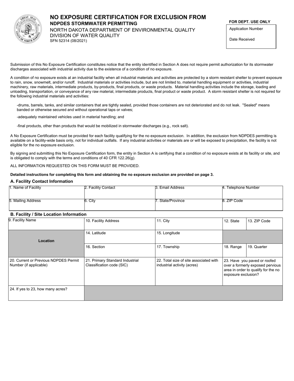 Form SFN52314 No Exposure Certification for Exclusion From Ndpdes Stormwater Permitting - North Dakota, Page 1