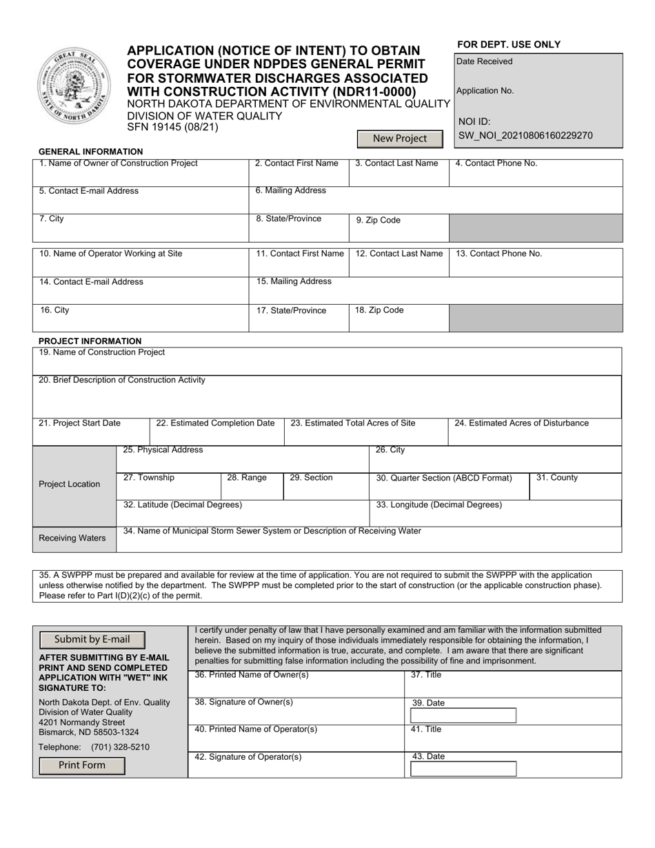 Form SFN19145 Application (Notice of Intent) to Obtain Coverage Under Ndpdes General Permit for Stormwater Discharges Associated With Construction Activity (Ndr11-0000) - North Dakota, Page 1