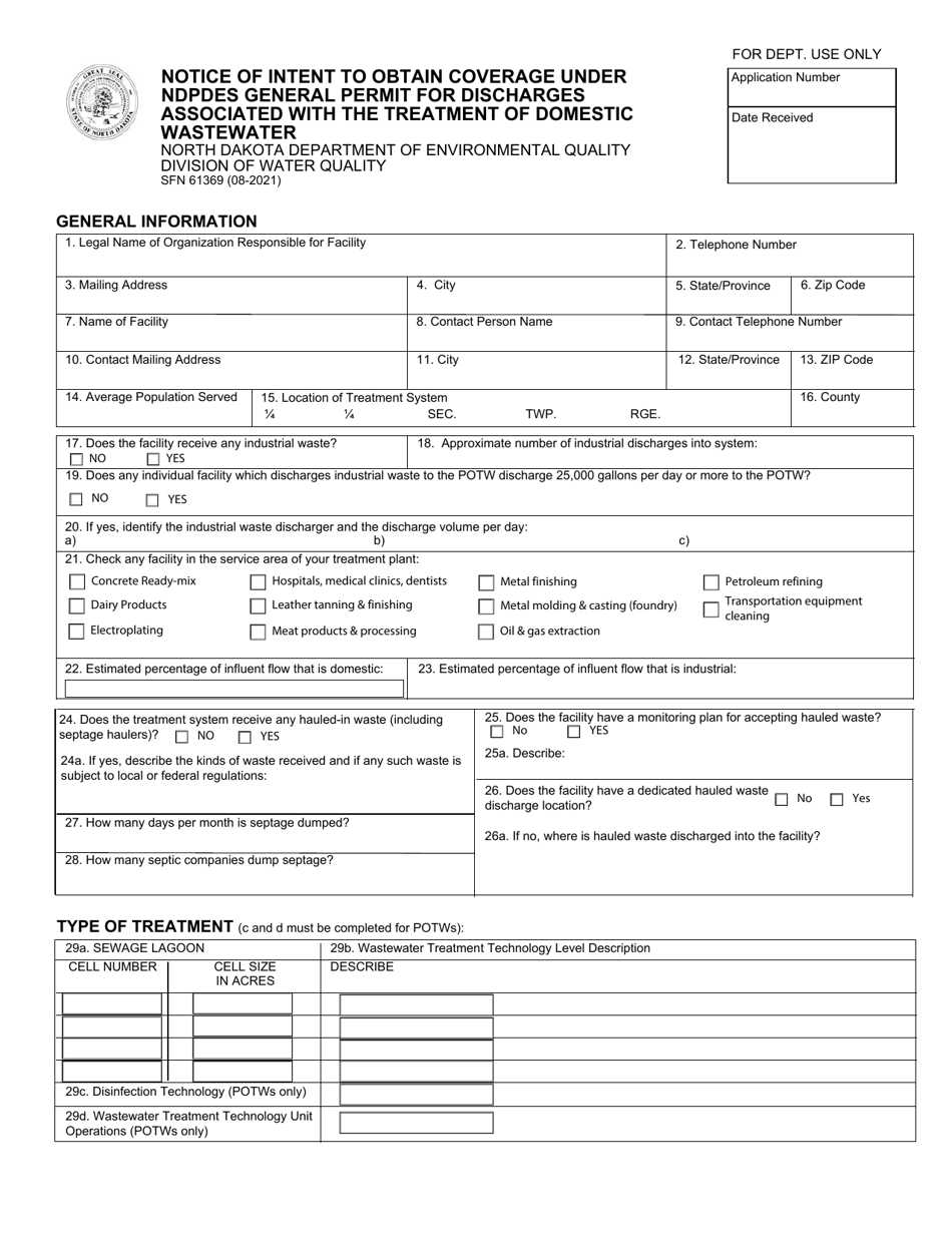 Form SFN61369 Notice of Intent to Obtain Coverage Under Ndpdes General Permit for Discharges Associated With the Treatment of Domestic Wastewater - North Dakota, Page 1