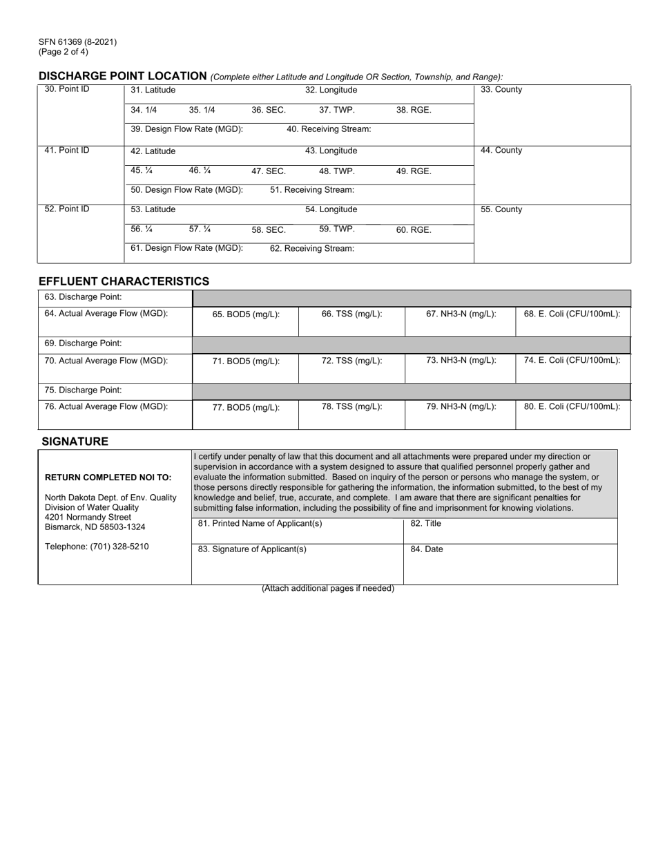 Form SFN61369 Notice of Intent to Obtain Coverage Under Ndpdes General Permit for Discharges Associated With the Treatment of Domestic Wastewater - North Dakota, Page 2