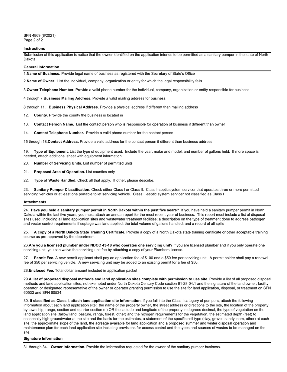 Form SFN4869 Application for Sanitary Pumper Permit Servicing of Septic or Holding Tanks, Privies, or Portable Restrooms - North Dakota, Page 2