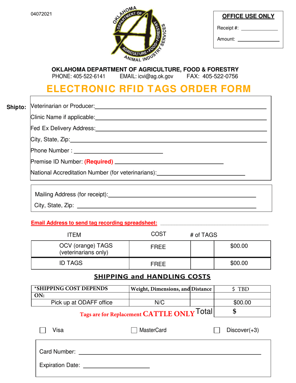 Electronic Rfid Tags Order Form - Oklahoma, Page 1