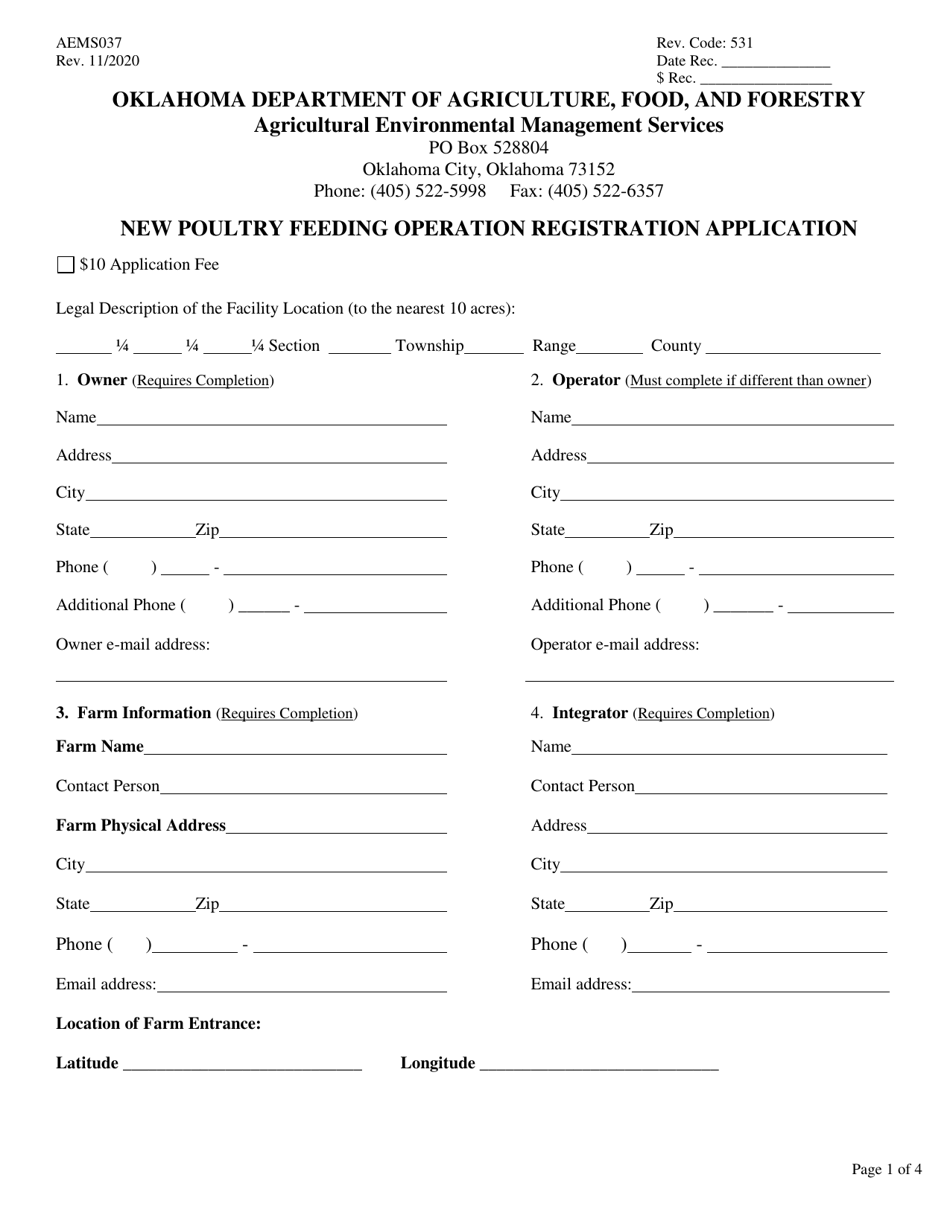 Form AEMS037 New Poultry Feeding Operation Registration Application - Oklahoma, Page 1
