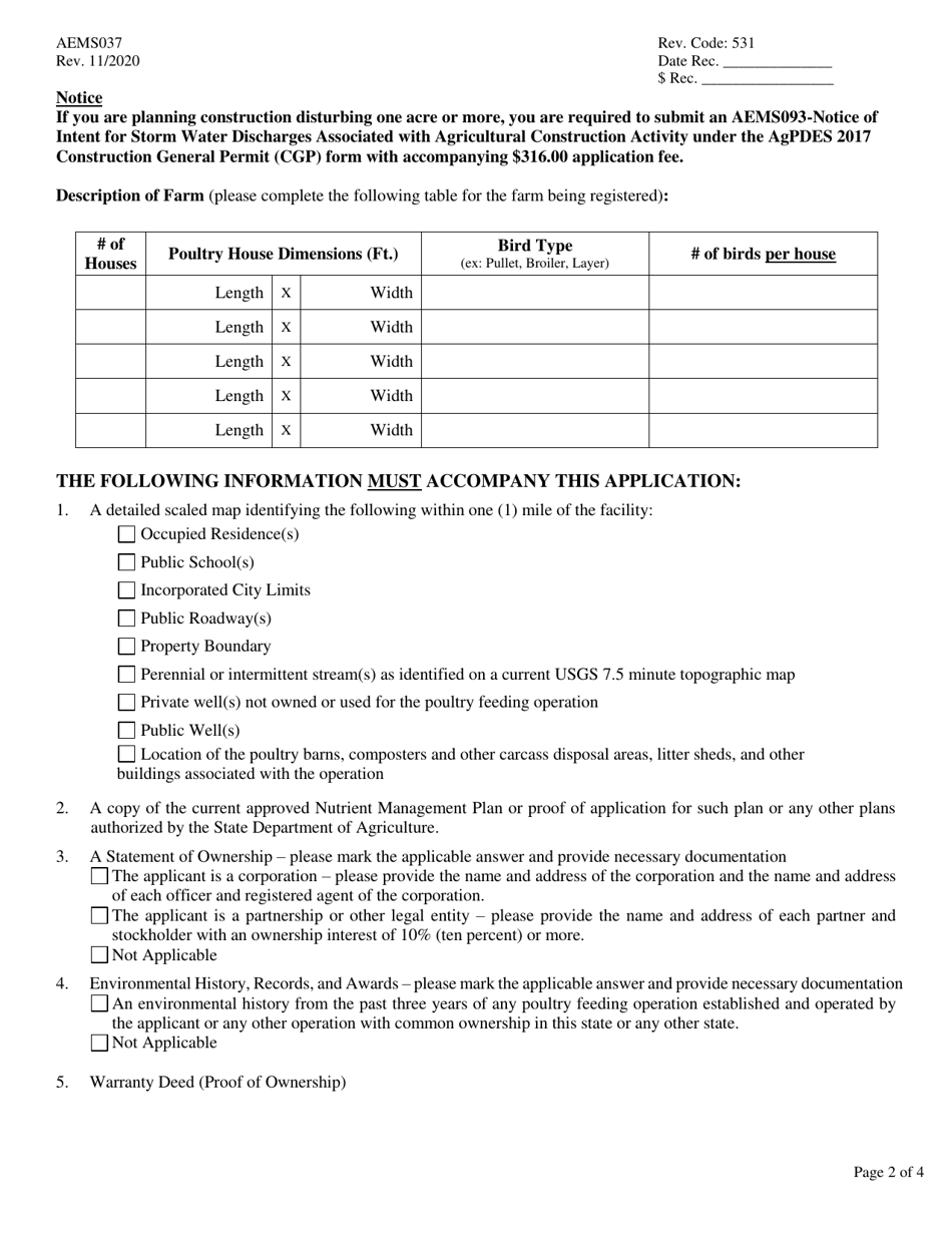 Form AEMS037 New Poultry Feeding Operation Registration Application - Oklahoma, Page 2