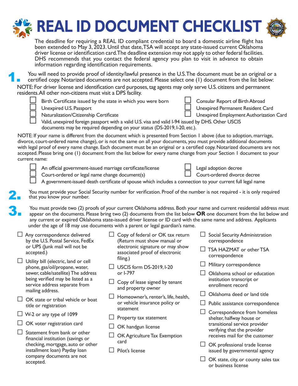 Real Id Document Checklist - Oklahoma, Page 1