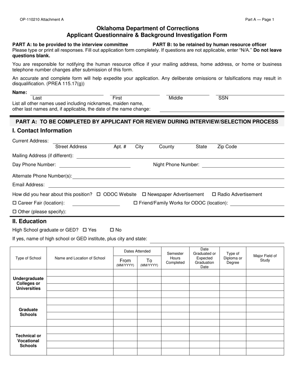 Form OP-110210 Attachment A Applicant Questionnaire and Background Investigation Form - Oklahoma, Page 1